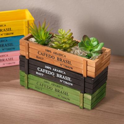 1pc Vintage Wooden Succulent Planter, Balcony Pot Plant Rectangular Box, Solid Wood Succulent Bonsai Compartmentalized Wooden Box