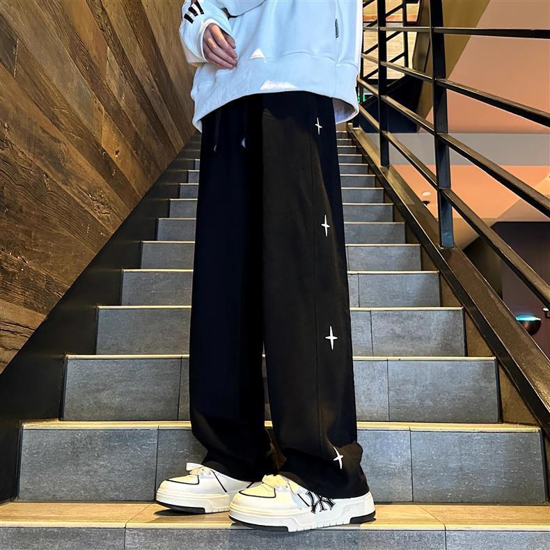 Men's Stylish Hong Kong Summer Outfit: Star Print Short Sleeve Top & Straight Leg Long Pants with Hat