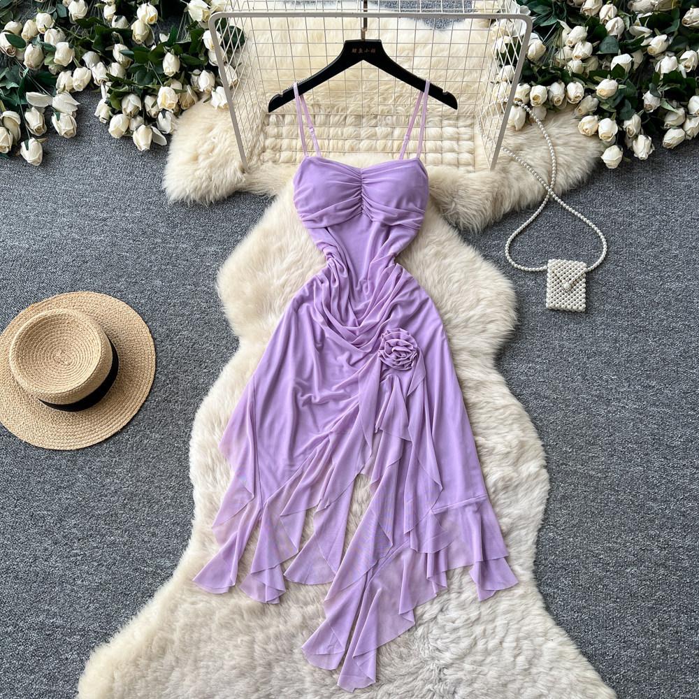 French Purple Suspender Sleeveless Dress Women's Summer Three-dimensional Flower Waist Thin Irregular Holiday Dress