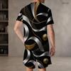 Men s Plus Size Dark Green Gold Printed Round Neck Short Sleeve Top And Shorts Two Piece Set