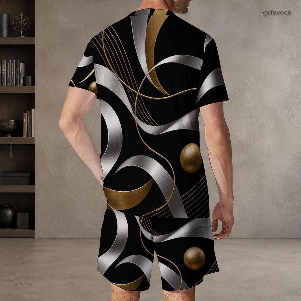 Men s Plus Size Dark Green Gold Printed Round Neck Short Sleeve Top And Shorts Two Piece Set