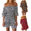Fashion Women's Short Sleeve Leopard Printed Slanted Shoulder Casual Loose Dress