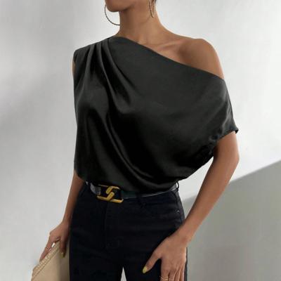 Women Casual Shirt Irregular Off-Shoulder Boat Collar Top Sleeveless Simulated Silk Blouse Smooth Satin Dating Tops