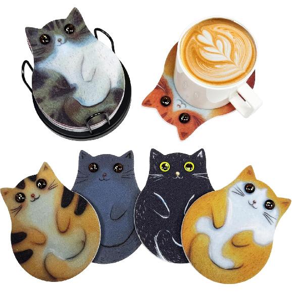 3-Pack Cat Coasters with Holder, Absorbent Felt Coasters with 3 Unique Cat Designs, Non-Slip Scratch Protection for Table, Washable Rustic Coaster