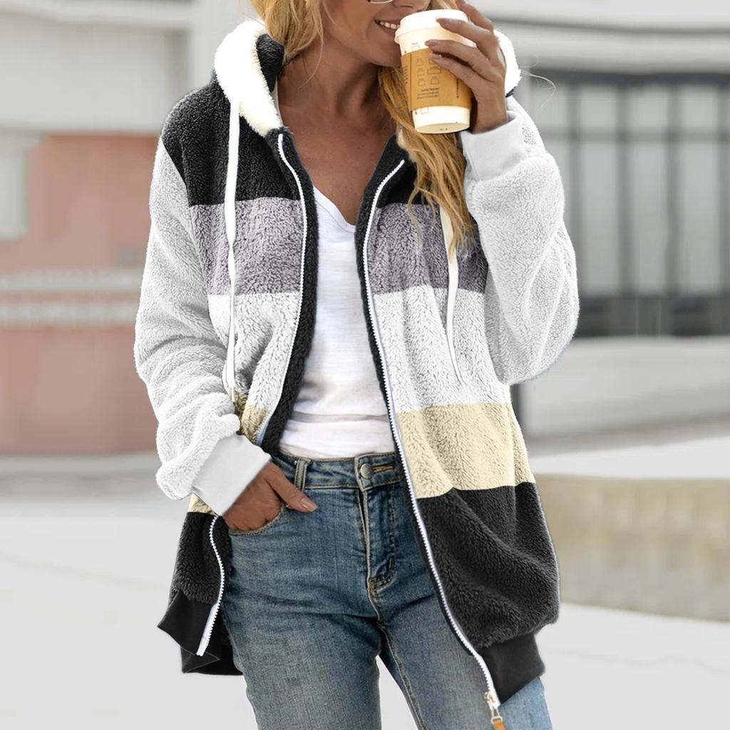 Women Color Block Fuzzy Fleece Hooded Jacket Full Zip Long Sleeve Plush Coat Casual Warm Outerwear S-5XL