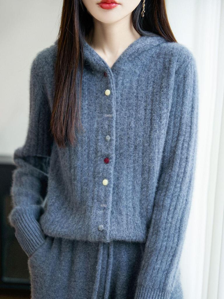 Damen Dicke Wolle Kapuzenstrickjacke - Herbst/Winter Locker gestrickter Pullovermantel