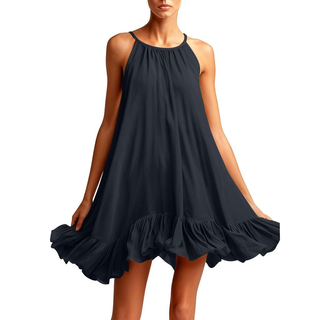 Spring Summer Sleeveless Pleated Halter Vacation Dress for Women