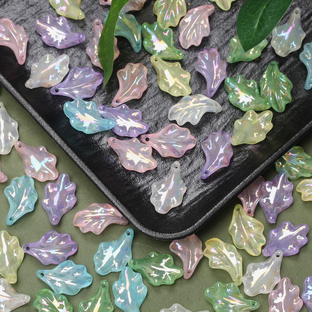 DIY Bracelet Accessories 10Pcs Acrylic Imitation Glaze Pendant Leaves Beads Jewelry Making UV Plated Color Creative