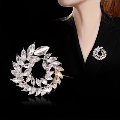 Korean Style Crystal Rhinestone Wheat Sheaf Leaf Brooch - Elegant, Versatile Alloy Pin for Women
