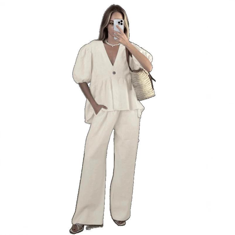 Spring/Summer Sweet Solid Color Set Pure Cotton V-neck Top Bubble Short Sleeve Pants 2-piece Set