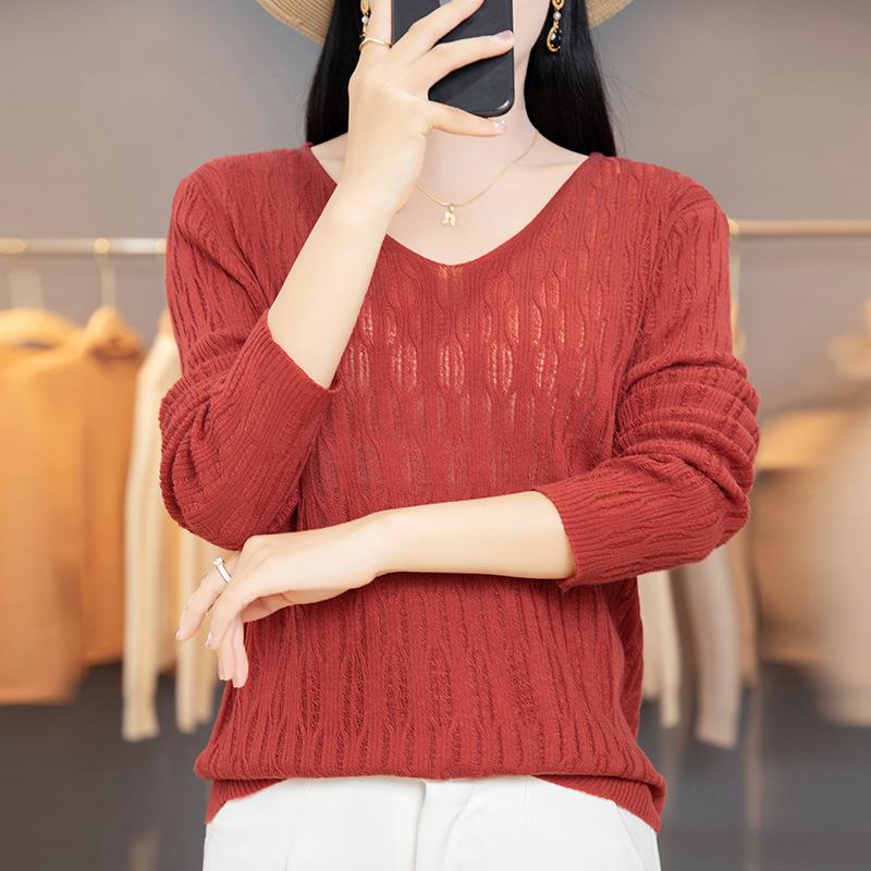 Autumn Thin Women's Fine Imitation V-neck Knitted Sweater Women's Long-sleeved Hollow Bottoming Shirt Women's Batch