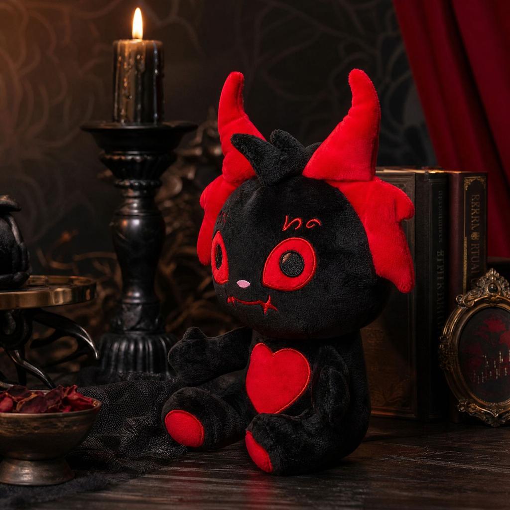 Gothic Devil Plush Doll Halloween Decor - Black Stuffed Animal Toy with Red Horns and Heart, Plush Gift
