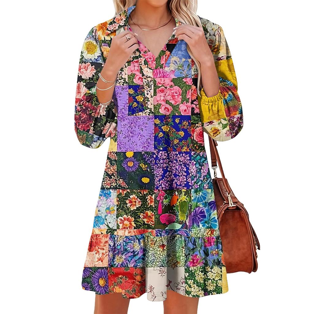 Women's Fashion Elegant Autmn And Winter Long Sleeve V,Neck Christmas Print Dress