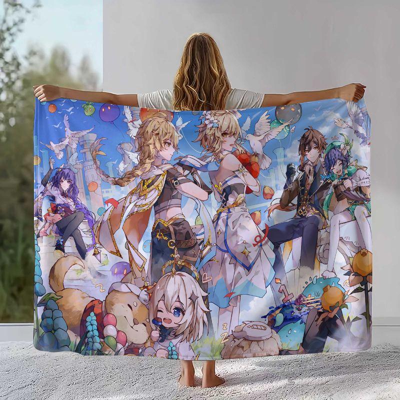 Classic Game Genshin Impact Cartoon Flannel Blanket,Ultra Soft Warm Plush Throw for Home Bedroom Bed Sofa Cover Office Camping