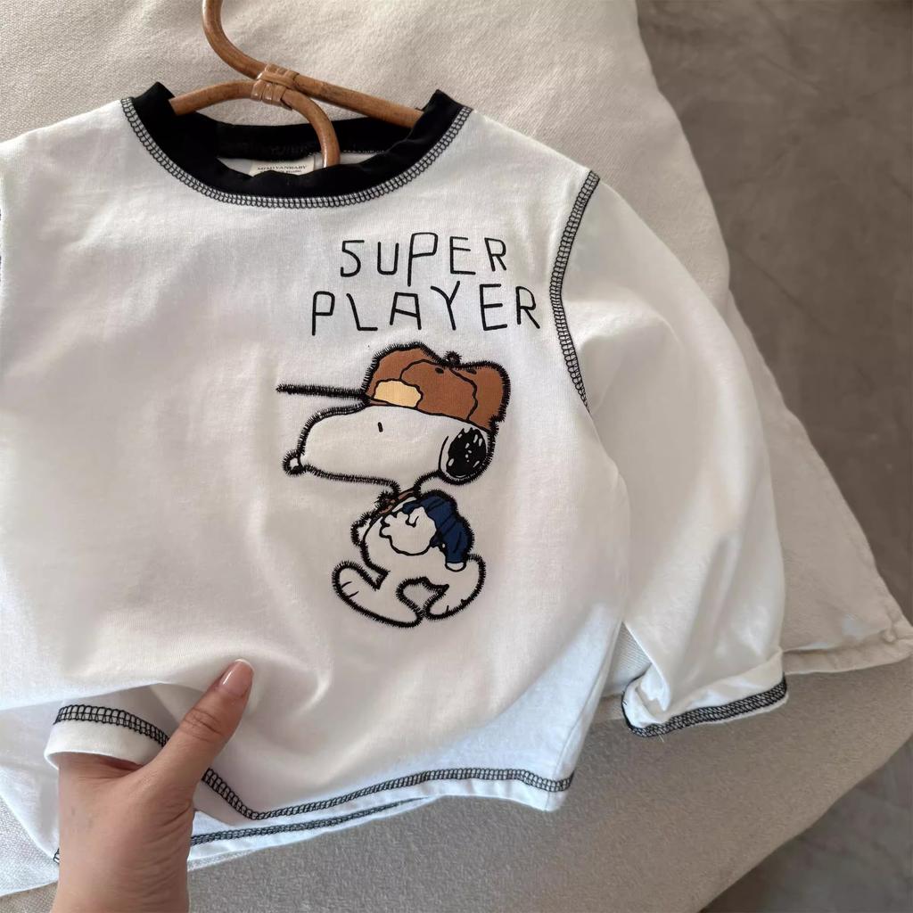 Boys Long Sleeve Cotton T Shirt with Cartoon Embroidery for Spring Autumn