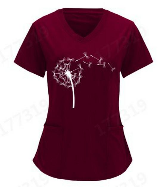 European and American Nurse Caregiver V-Neck Print Shirt with Large Pocket, Short Sleeve T-shirt for Women