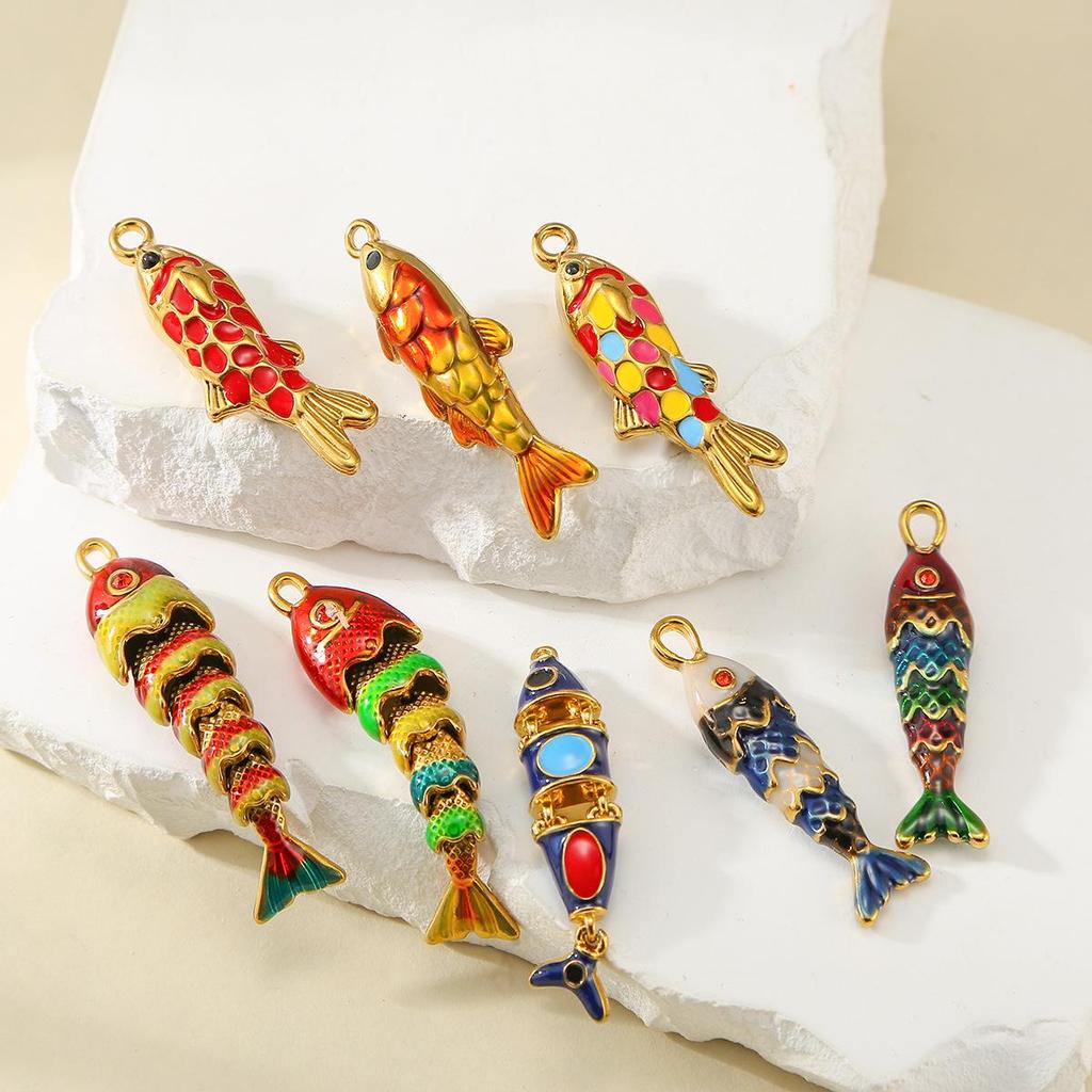 Luxury Enamel Koi Fish Pendant Necklace with Movable Stainless Steel Accents