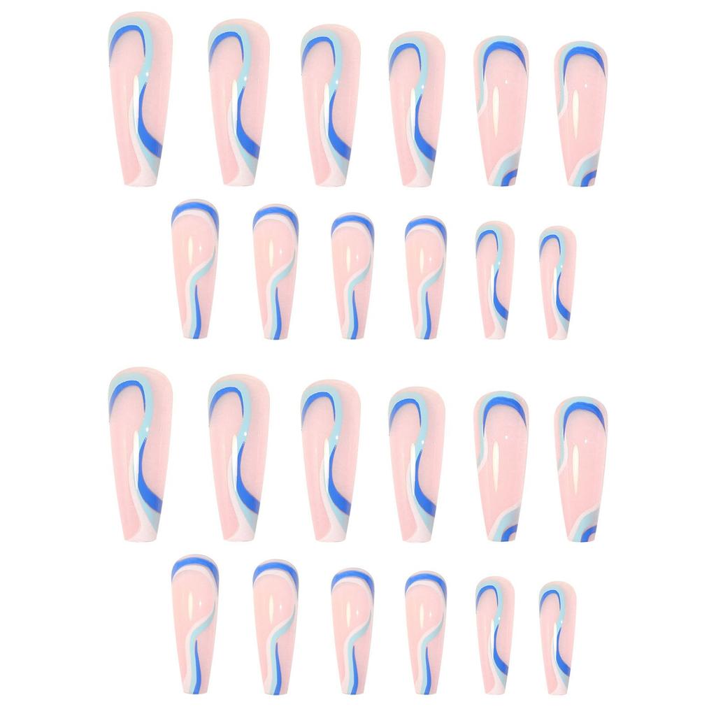 Nail Art European And American Blue Striped Coffin Nail, Long Ballet Nail, Fake Nail Finished 24 Pieces