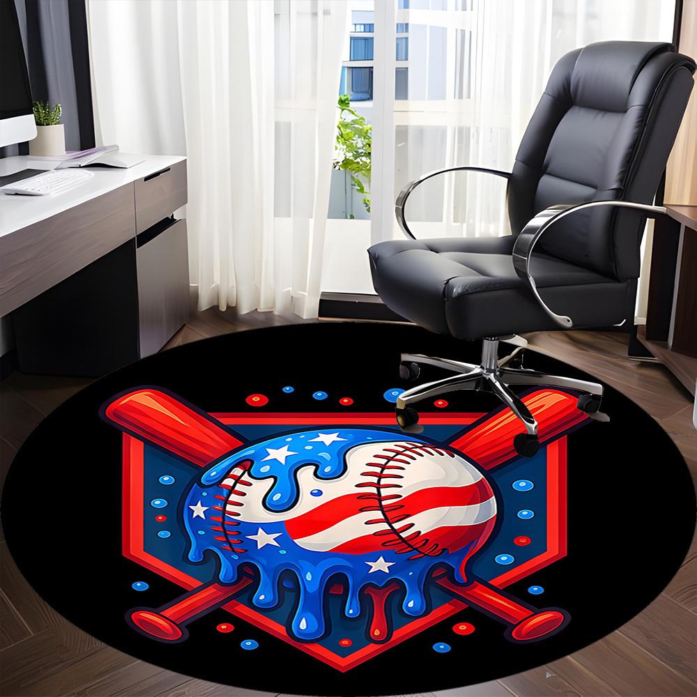 1PC Baseball Stars Office Round Area Rug, Indoor Mat Suitable ForOffice, Under Office Chairs Bedroom Living Room Home Decor, Room Deco, D036