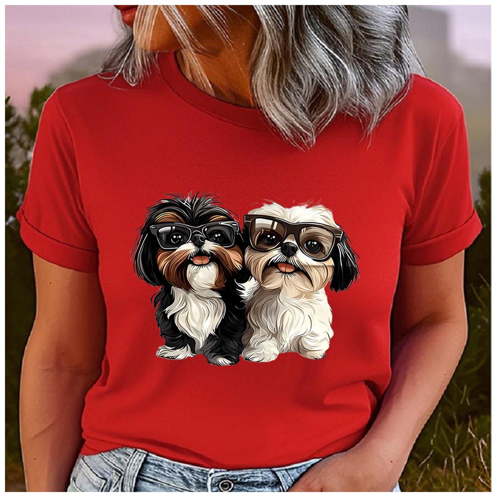 Cotton Cartoon Sunglasses Shih Tzu Pair Print T Shirt Women Lovely Fluffy Puppy Casual Daily Basic Short Sleeve Top