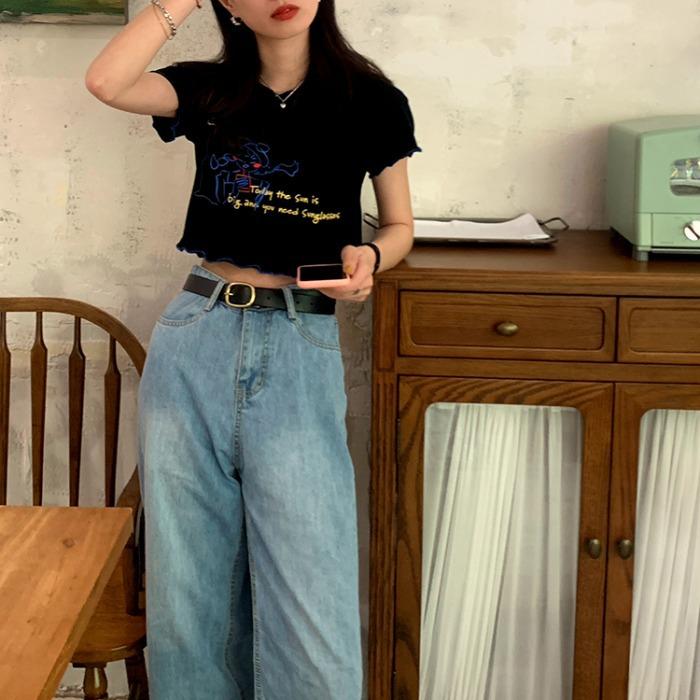 Short-sleeved Printed T-shirt for Women with Niche Design Niche Summer New Short Hot Girl Navel-exposed Student Top