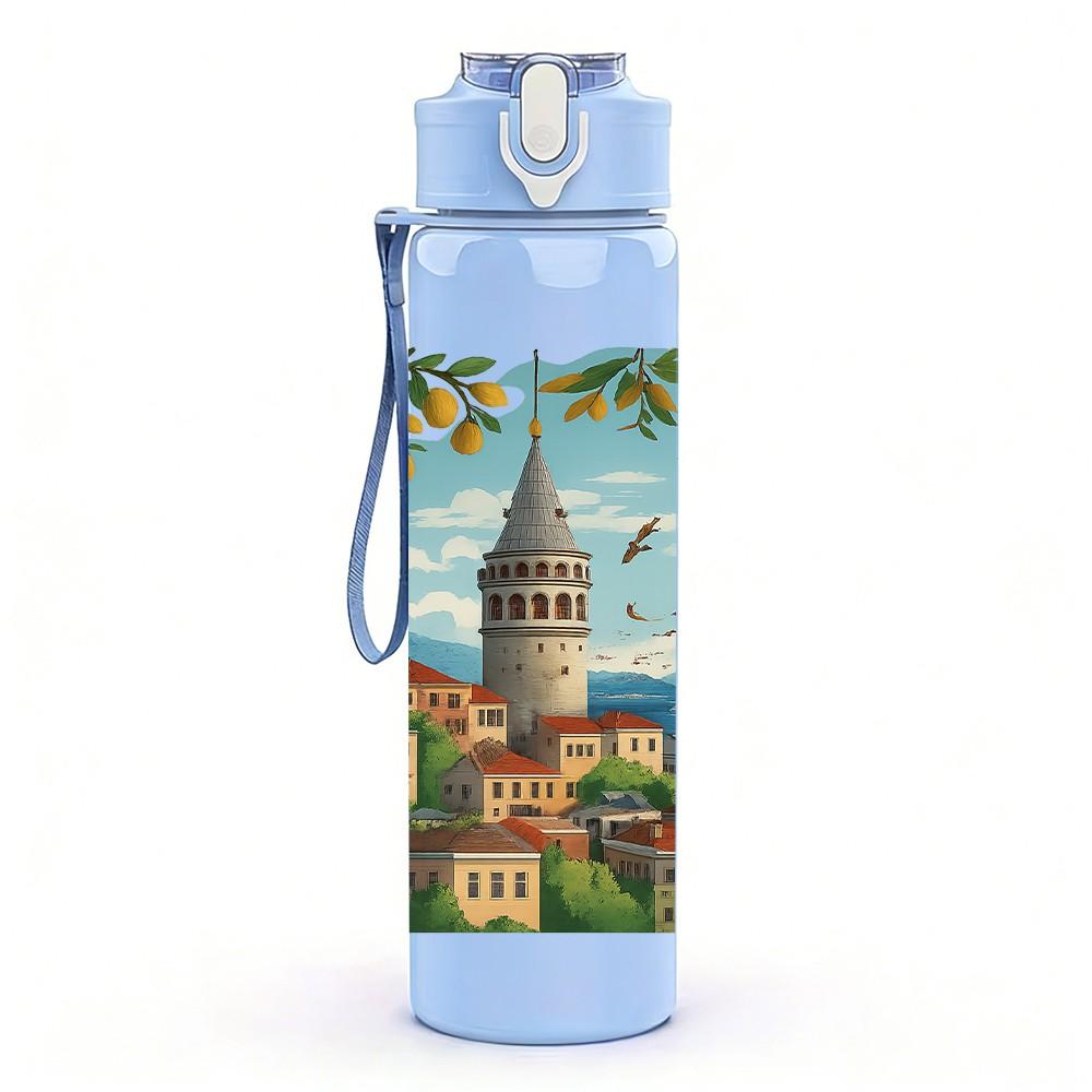 1PC Istanbul Mosque City Landscape Print 750ml Color Plastic Sports Water Bottle Leakproof Flip Straw Lid Suitable for Sports Office Home Use