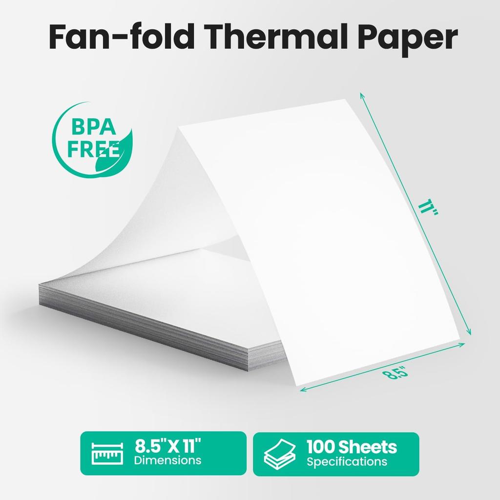 Thermal Printer Paper 8.5x11 Inch, 100 Sheets US Letter Size Foldable Paper, Long-Term Archival Quality, Compatible with CamScanner P1 Pro Printer,