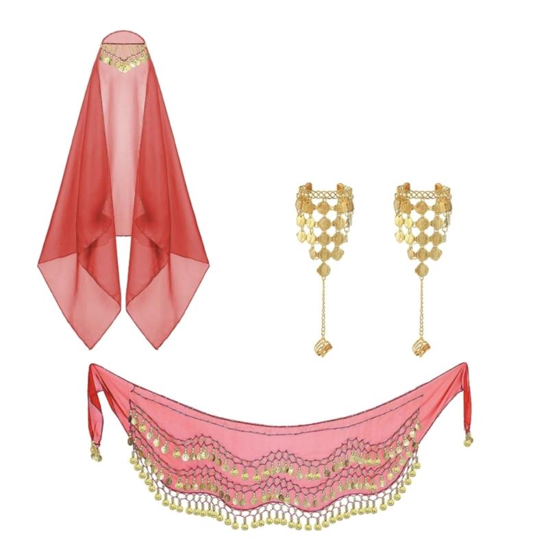 Gypsys Costume Accessories for Women Belly Dance Outfits Head Scarf with Belly Dance Coins Hip Scarf Chain Bracelets