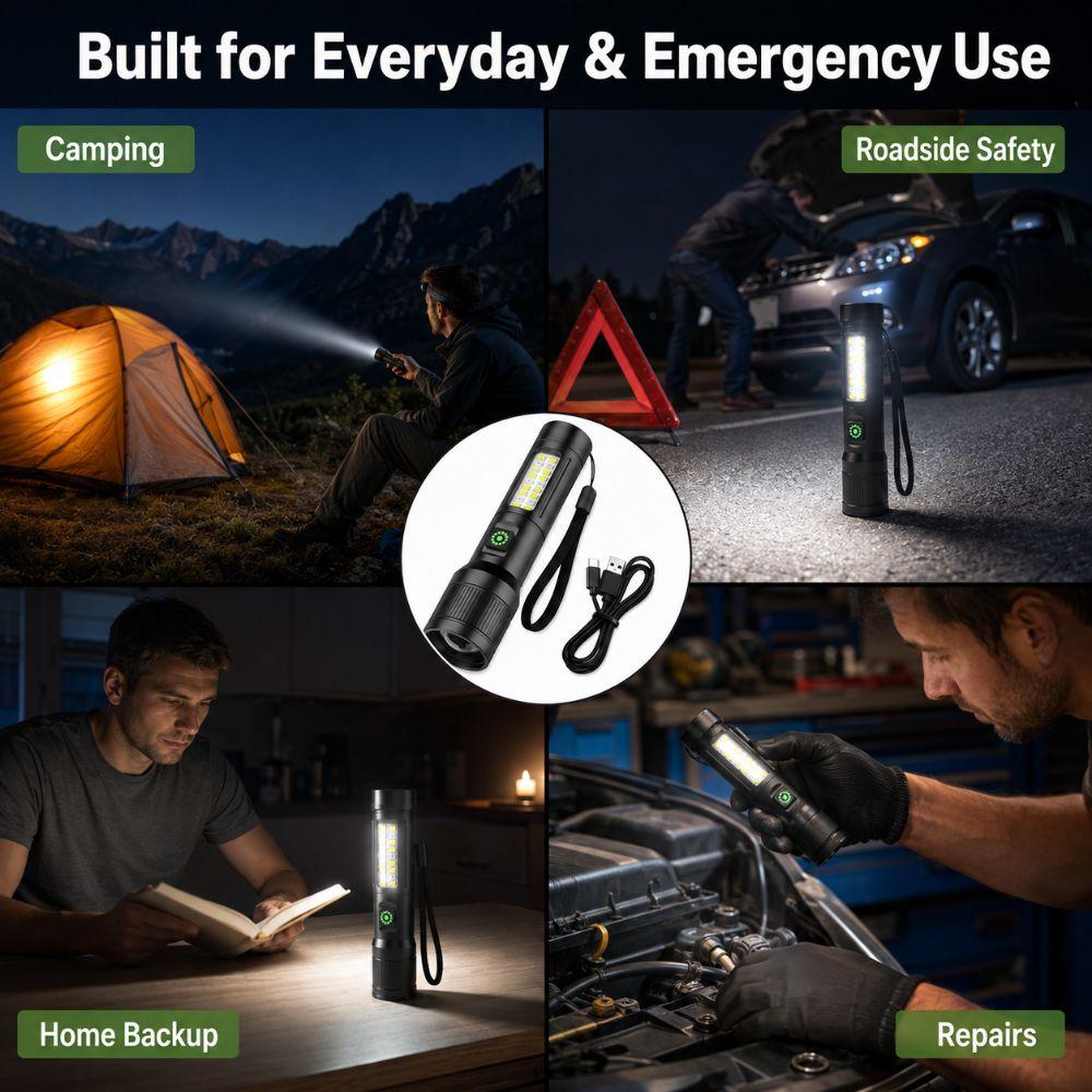 Adjustable Beam COB Side Light Rechargeable Outdoor Flashlight LED Flashlight  Camping Hiking