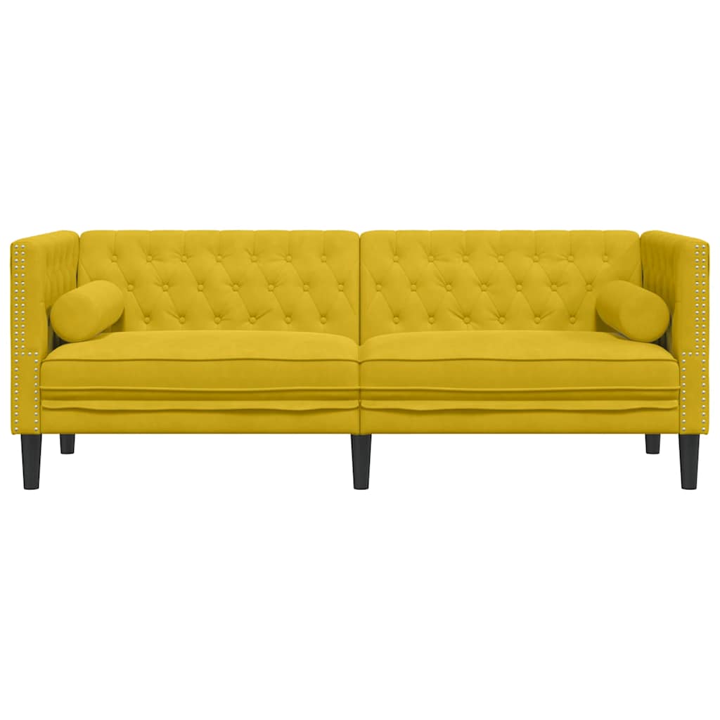 Chesterfield Sofa with Neck Pillows 3 Seater Yellow Velvet