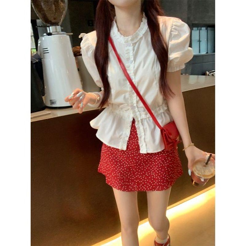 

Kumikumi Элегантные корейские кружевные блузки с рукавами-буфами и короткими рукавами для похудения, женские летние облегающие блузки в горошек, юбка-двойка Red Polo Dot Dress L