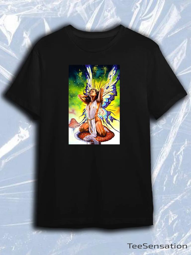TeeSensation Black Crew Neck Short Sleeve T-Shirt with Boris Vallejo Fairy Butterfly Wings Mushroom Psychedelic Print
