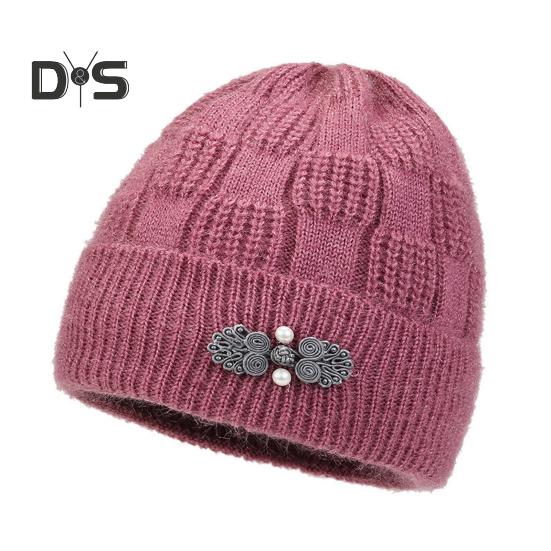 

Зимняя шапка для женщин среднего возраста с цветочной аппликацией, декорированная куполом, трикотажная эластичная шапочка, однотонная, без полей, сохраняющая тепло, зимняя шапка для бабушки и мамы розовый