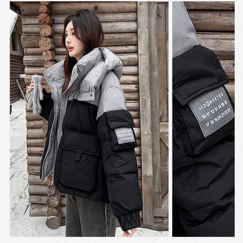 Winter Women Color Block Patchwork Hooded Cotton Jacket Short Korean Style Coat