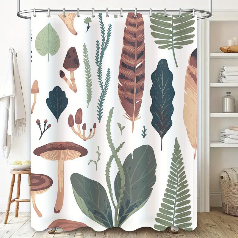 Vintage-Inspired Bath Curtains Featuring A Charming Forest Theme With Leaves, Mushrooms, Ferns, Feathers Perfect For Creating A