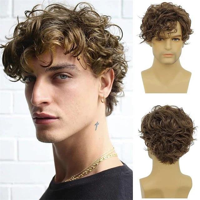

Men s Brown Roll bangs Natural Short Roll Fluffy Rose Webhead Cover