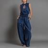 Tuta da donna a collo alto senza maniche, vestibilità larga, vita alta, casual, gamba larga, playsuit