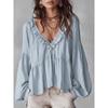 2026 Spring and Autumn Casual Sweet Ruffled Puff Sleeve Pleated Shirt Women's V-Neck Top