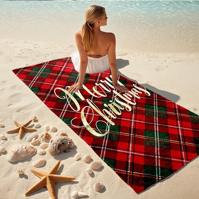 1Pc Christmas Plaid Beach Towel, Quick Dry, Multi-Use for Beach Pool Gym Yoga Home Travel, Christmas, Halloween, Xmas Gift M928479