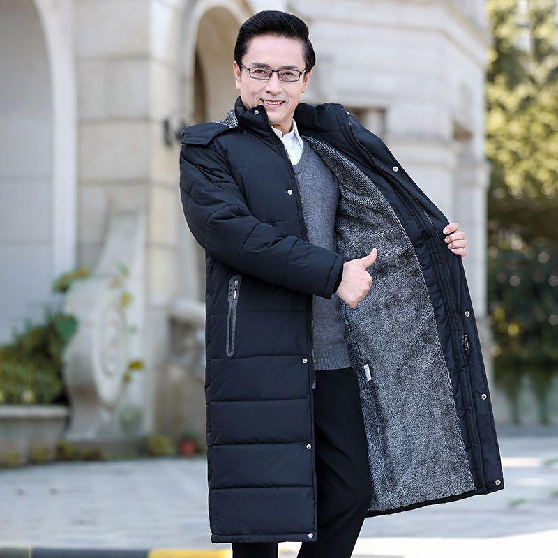 Extra Long Winter Jacket for Middle-Aged & Elderly Men - Thickened, Fleece-Lined, Grandpa Style, Warm Cotton Padded, Over-the-Knee Design