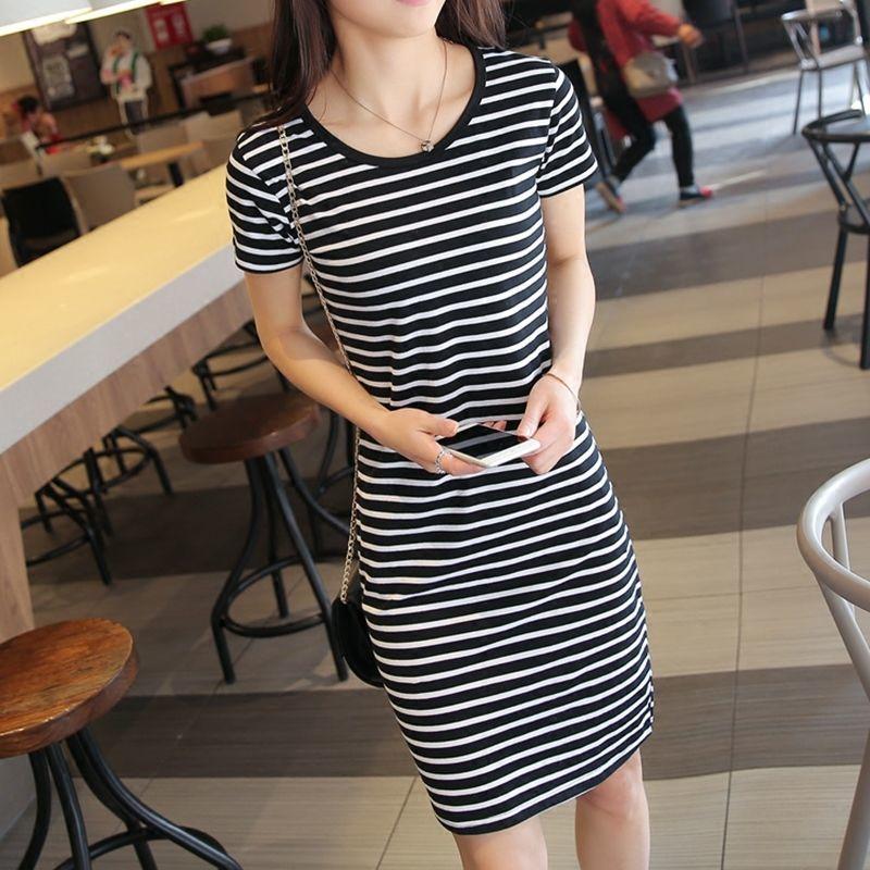 Ladies Mid-length Stripe Round Neck Slim Base Short Sleeve Loose and Casual Easy To Dry and Absorb Sweat Dress