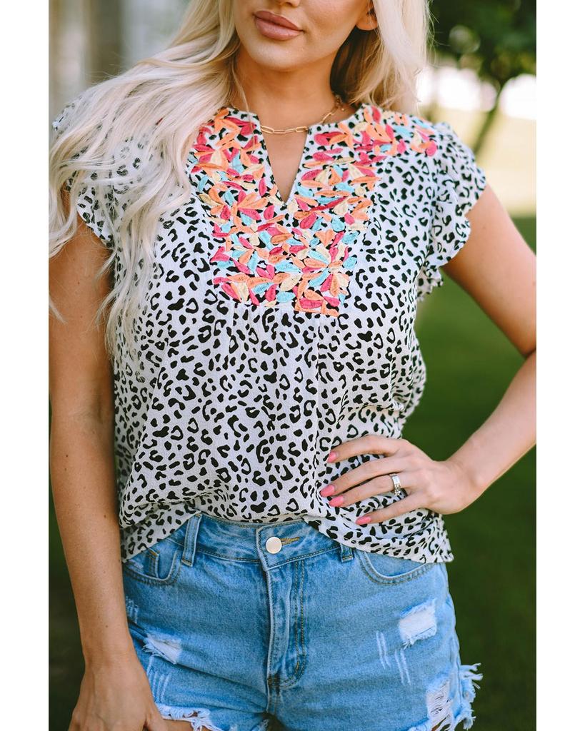 Azura Exchange Embellished V-neck Blouse with Ruffle Sleeves