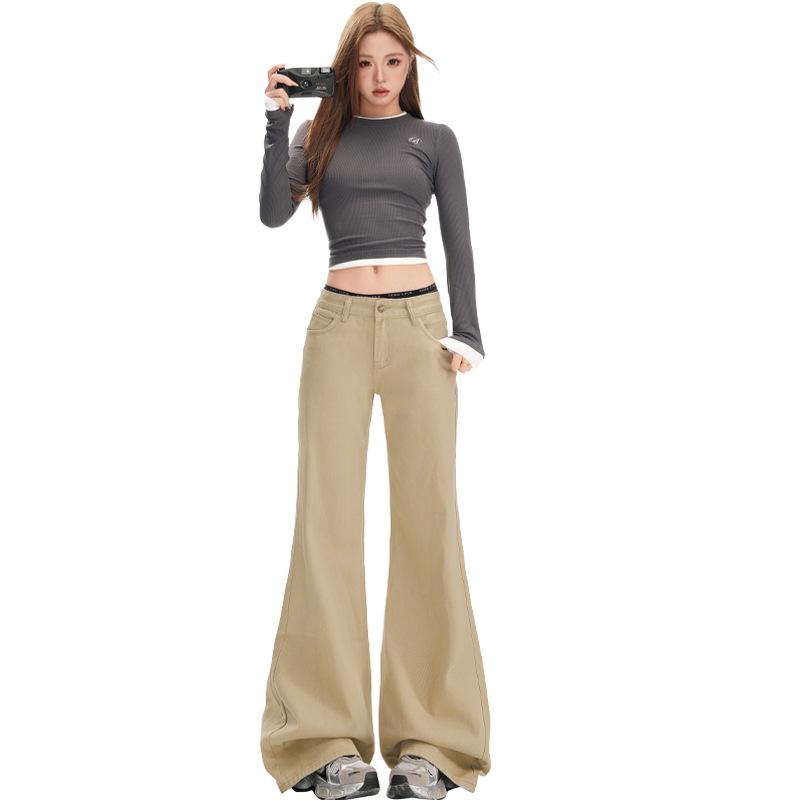 Women's Khaki Micro-Flared Casual Pants - Loose Fit, Autumn Retro Slimming Jeans