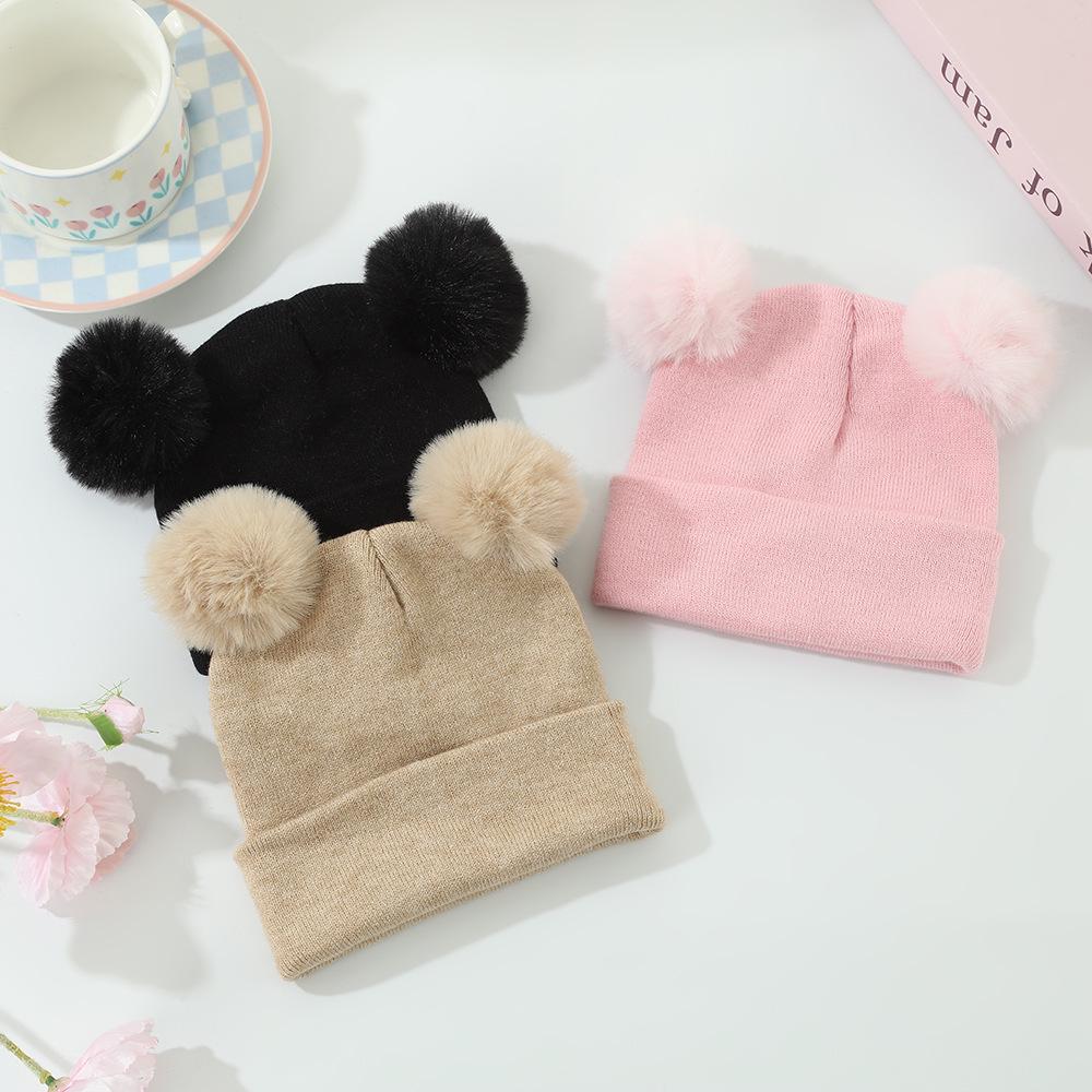 Core-Spun Yarn Double Pom-Pom Thick Knitted Hat for Autumn/Winter - Warm and Cute Style for Kids