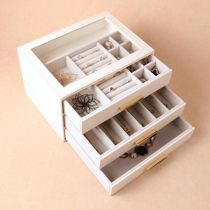 3-Layer Drawer Jewelry Box With Glass Lid, PU Leather Large Capacity Jewelry Organizer Storage Case For Earrings, Necklaces, Rings, Bracelets