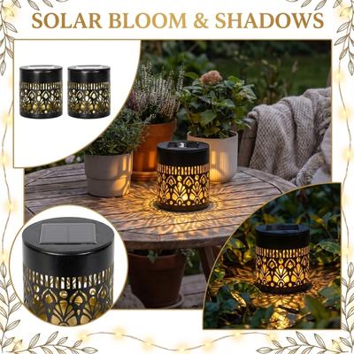 Solar Powered Outdoor Garden Light Decorative Metal Lantern with Cutout Pattern for Yard Patio Pathway Lighting