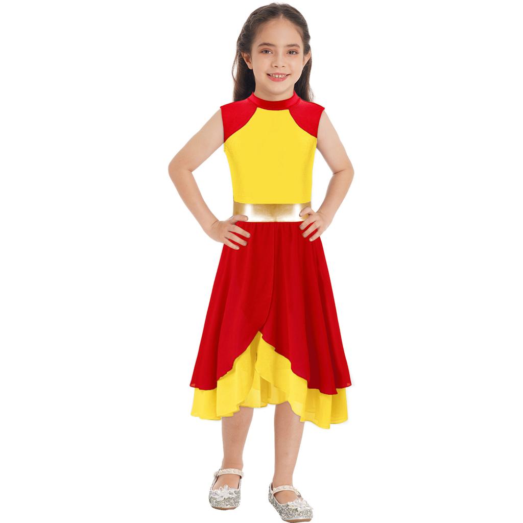 Kids Girls Color Block Dance Dress Mock Neck Sleeveless Tiered Wrapped Hem Praise Lyrical Dance Dress Dancewear