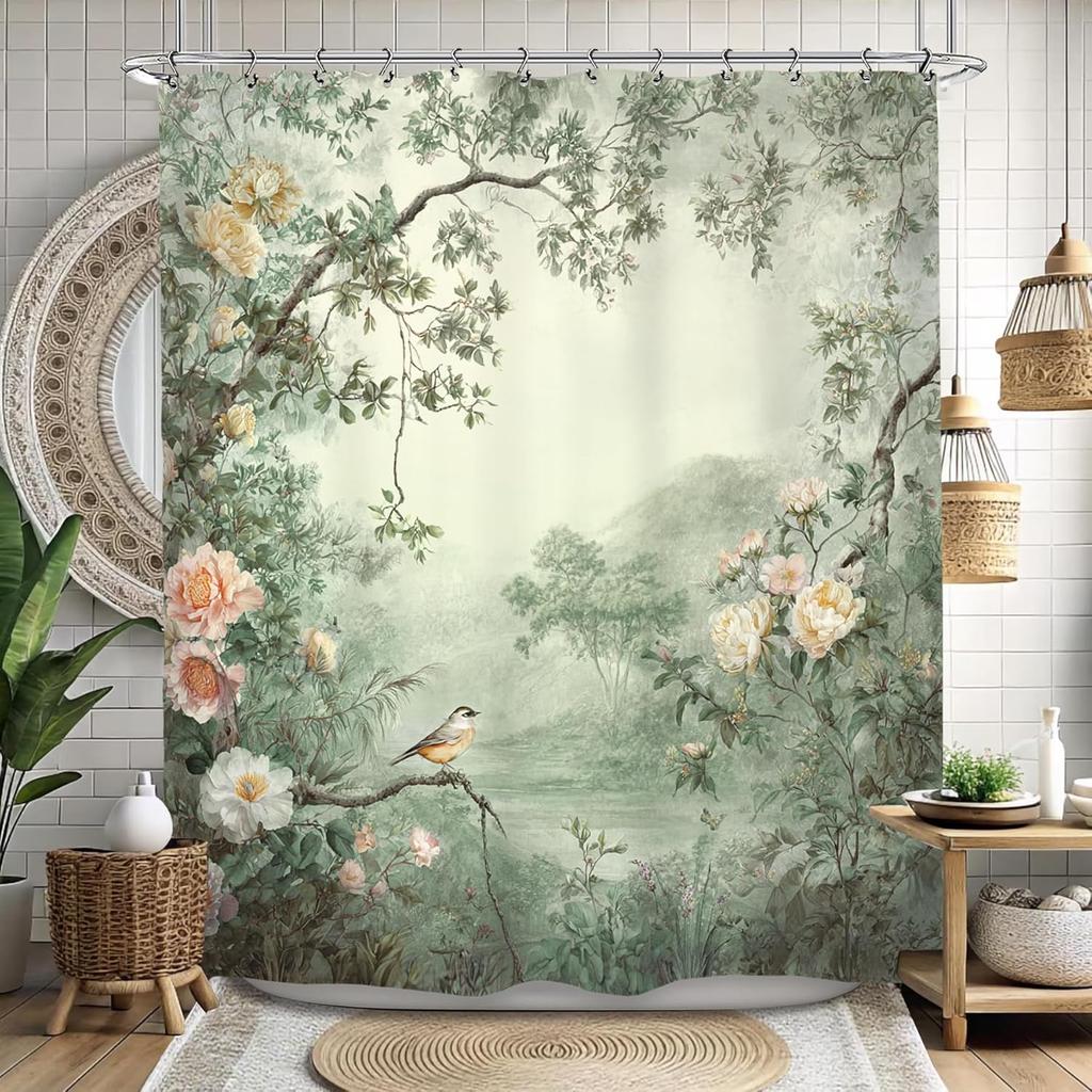 Tenda da Doccia Impermeabile con Fantasia Floreale e Uccelli Verdi 180X200cm - Tenda da Bagno con Stampa Paesaggio Naturale per Decorazione del Soggiorno