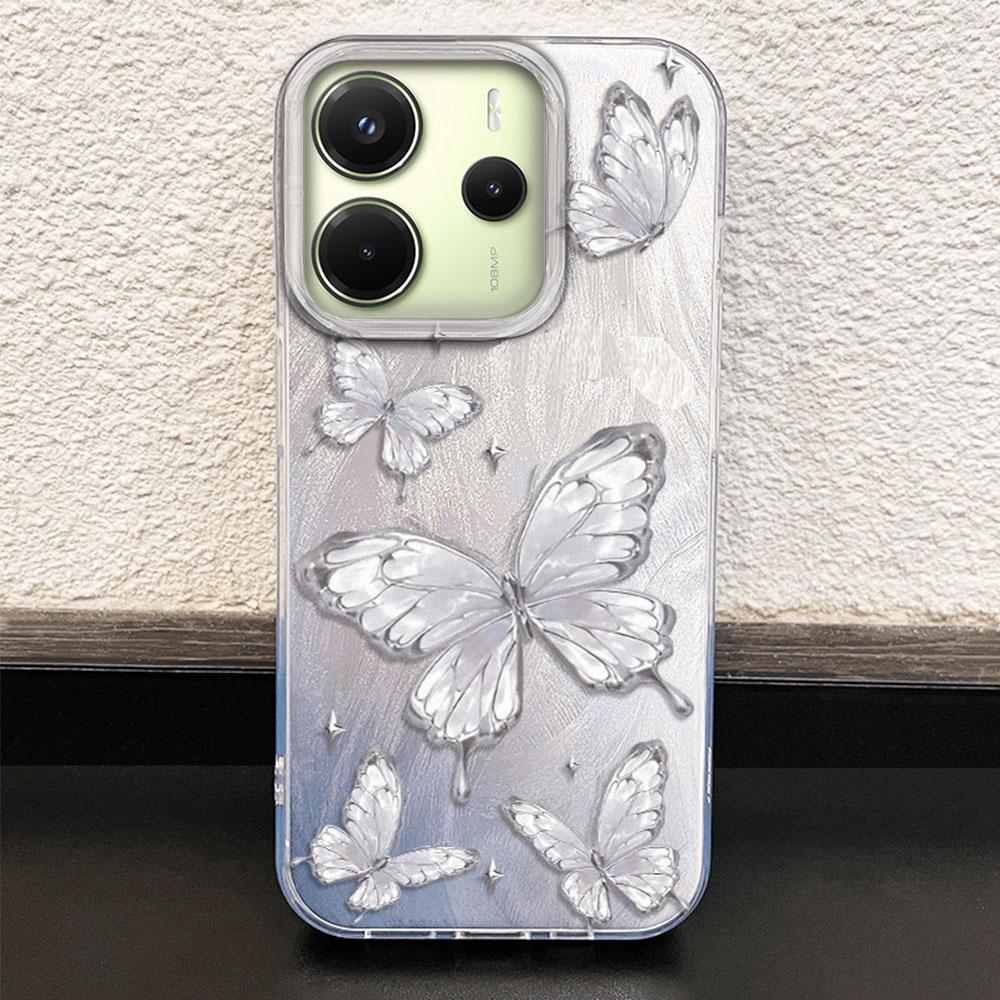 

Роскошный чехол для телефона с текстурой бабочки цвета лазерного серебра для Xiaomi Redmi 13C A5 13T 14T Note 13 14 Pro Poco C75 C65, задняя силиконовая крышка Xiaomi 13T белый