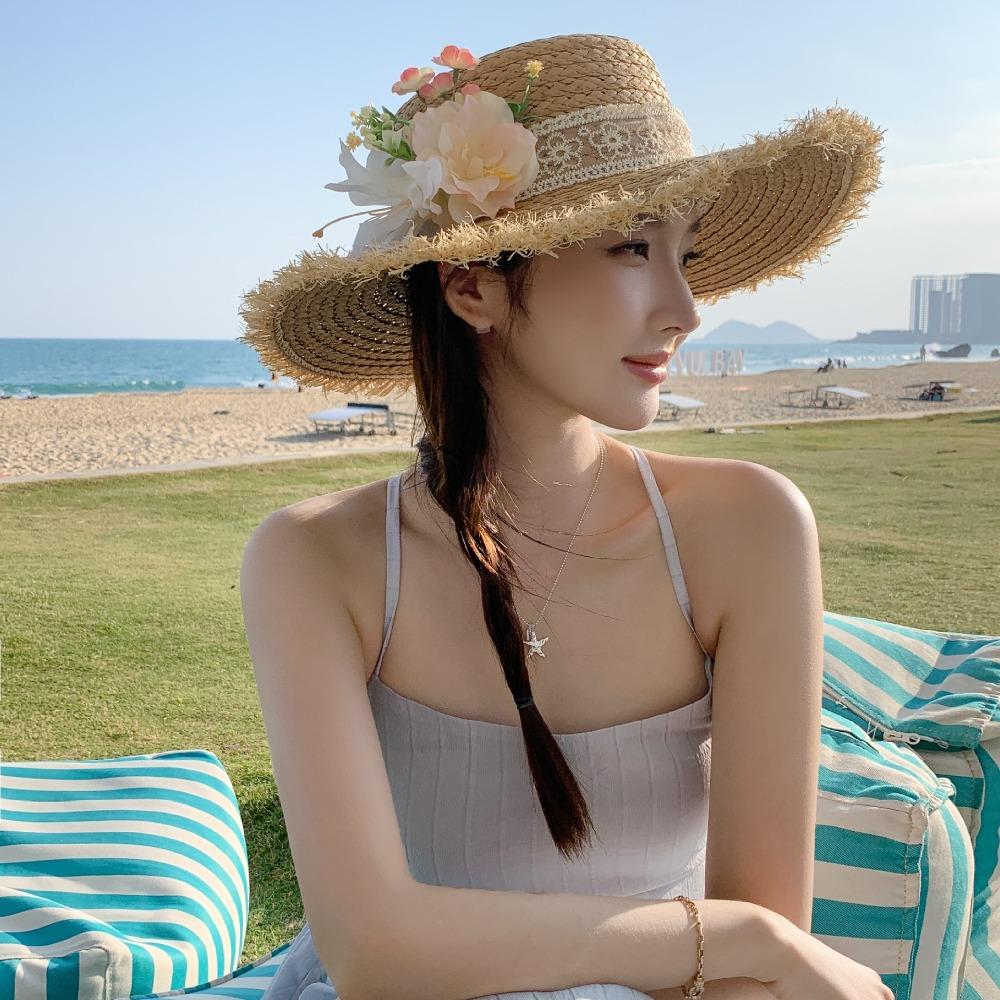 Tassel Edge Weave Flat Cap Wide Brim Women's Sun Hats Casual Lace Flower Straw Hat  Holiday